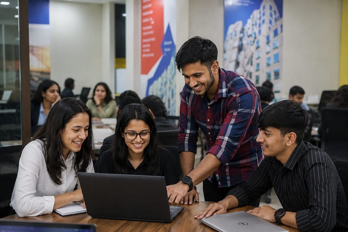 A ProjectBridge mentor reviewing a project with three interns